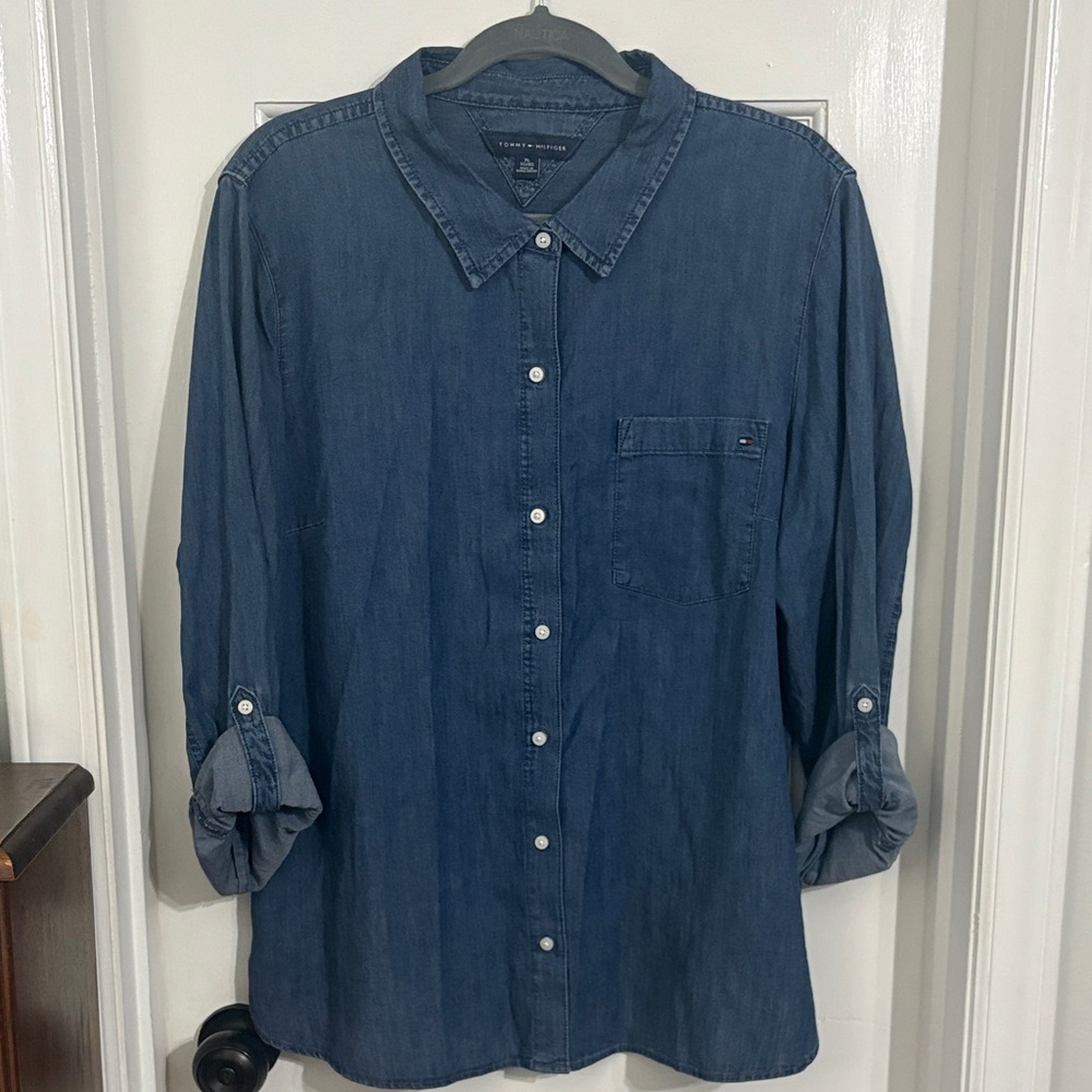 Tommy Hilfiger Dark Blue Casual Button Down Shirt XL Adjustable Sleeves